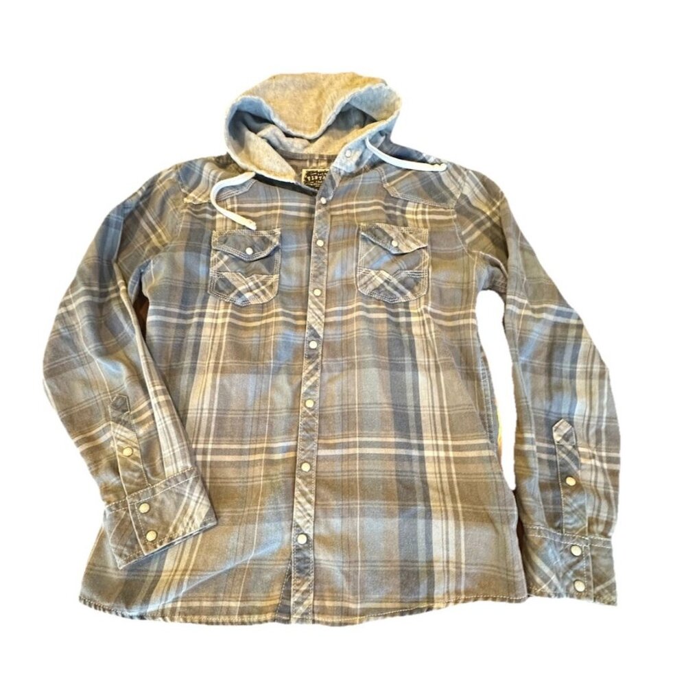 BKE Grey Plaid Flannel Hoodie Button Up Y2K Grunge Men’s L Pearl Button